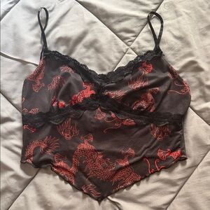 SHEIN Black and Red Dragon Lace Crop Top